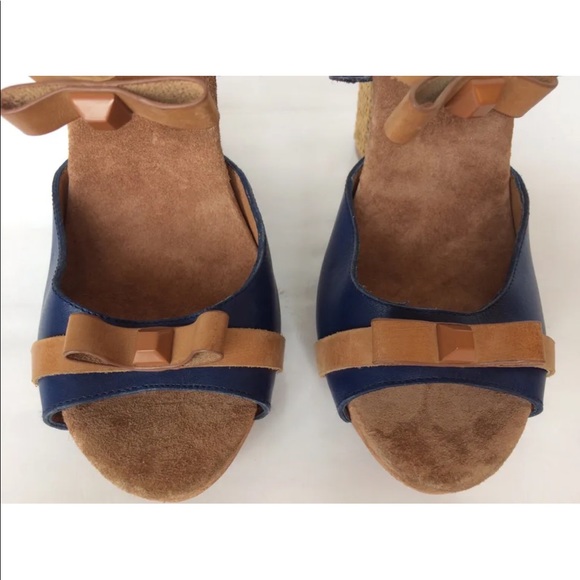 New Juicy Couture Women Block Heel Peep Toe Leather Raffia Navy Blue 9 Shoes - Picture 3 of 12